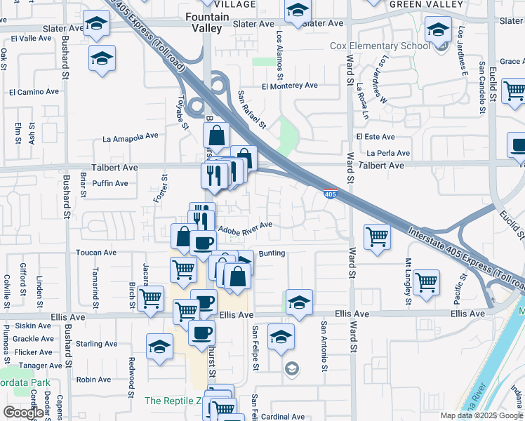 map of restaurants, bars, coffee shops, grocery stores, and more near 18192 Canyon Court in Fountain Valley
