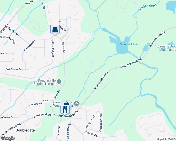 map of restaurants, bars, coffee shops, grocery stores, and more near 4021 Anneewakee Road in Douglasville