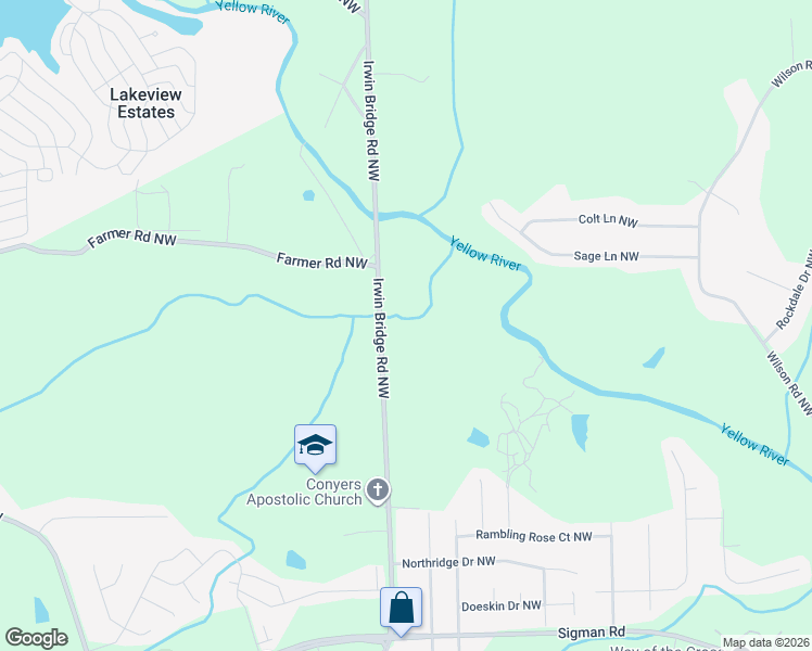 map of restaurants, bars, coffee shops, grocery stores, and more near 2019 Irwin Bridge Road Northwest in Conyers