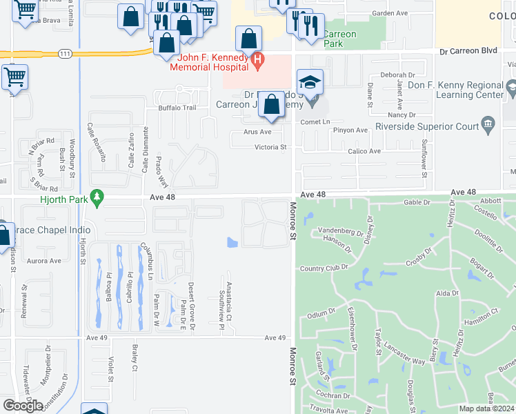 map of restaurants, bars, coffee shops, grocery stores, and more near 24 Desert Grove Drive in Indio