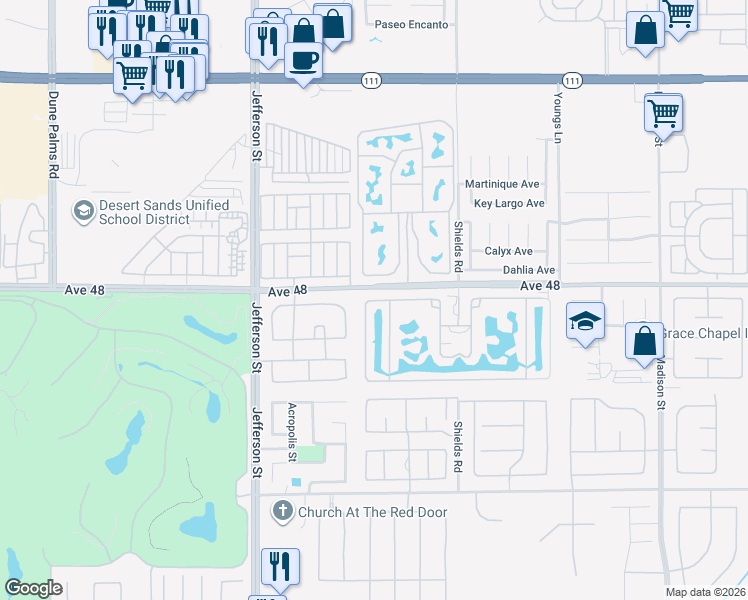 map of restaurants, bars, coffee shops, grocery stores, and more near 80501 Avenue 48 in Indio