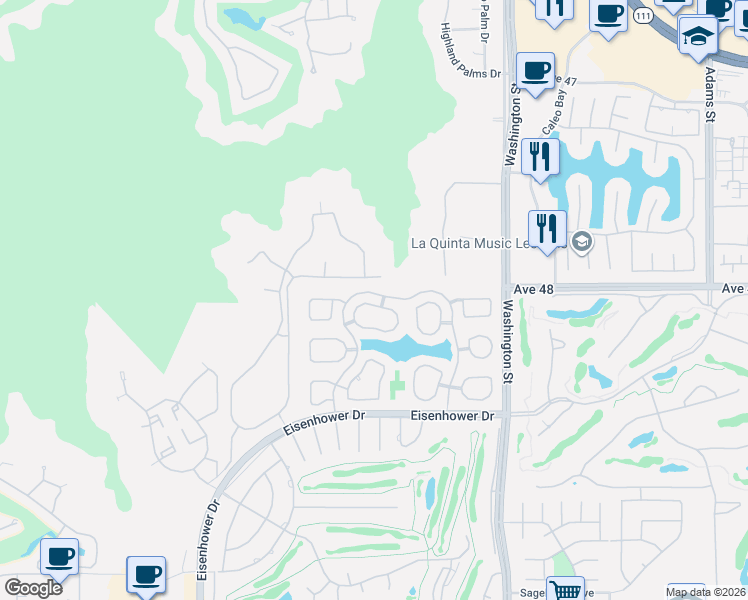 map of restaurants, bars, coffee shops, grocery stores, and more near 48543 Vía Encanto in La Quinta