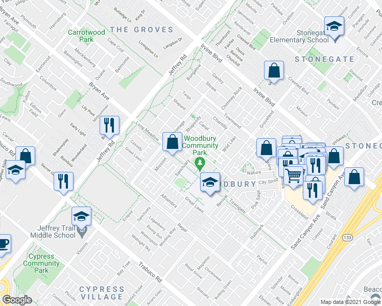 map of restaurants, bars, coffee shops, grocery stores, and more near 145 Sanctuary in Irvine