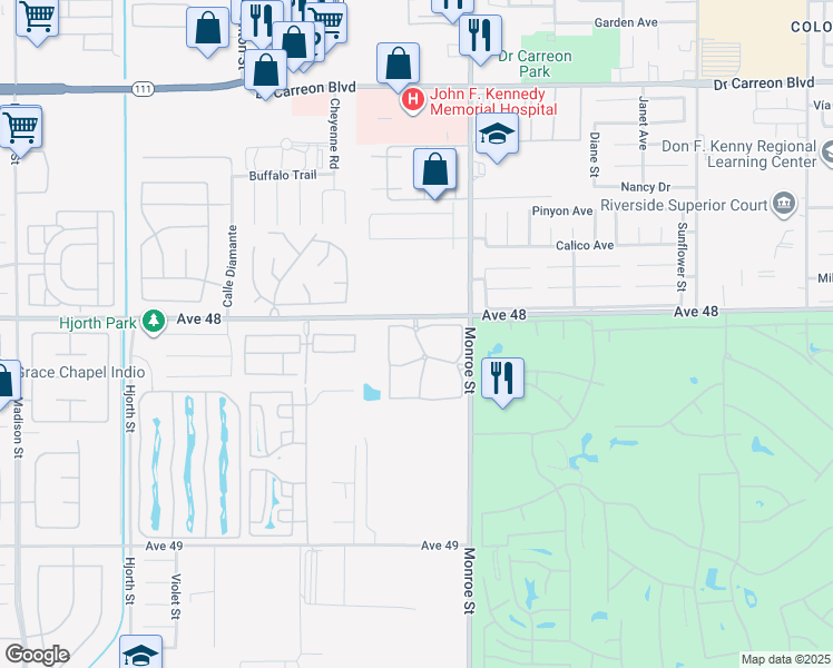 map of restaurants, bars, coffee shops, grocery stores, and more near 2 Desert Grove Drive in Indio