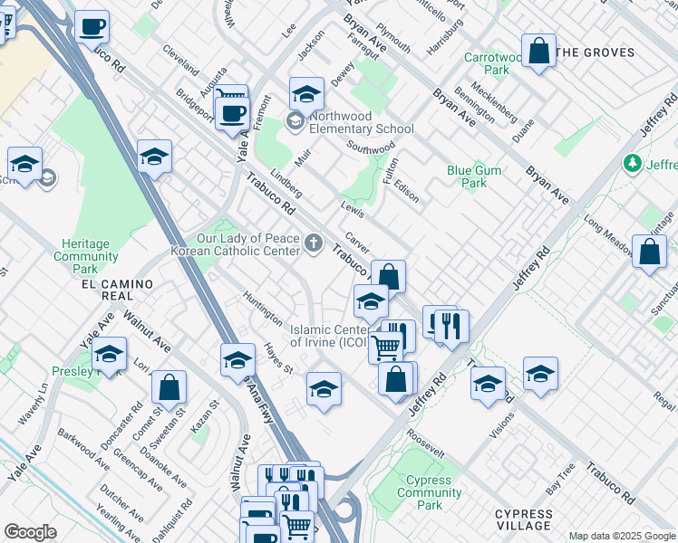 map of restaurants, bars, coffee shops, grocery stores, and more near 124 Cartier Aisle in Irvine
