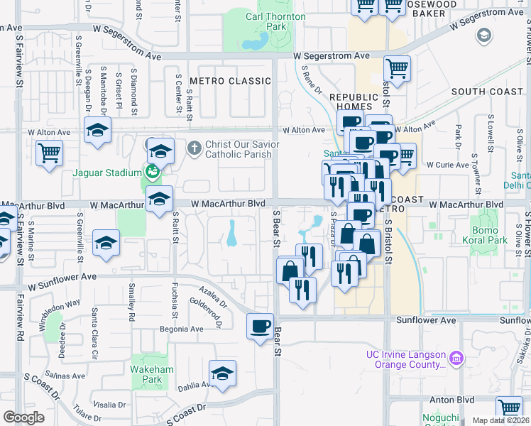 map of restaurants, bars, coffee shops, grocery stores, and more near 3640 South Bear Street in Santa Ana