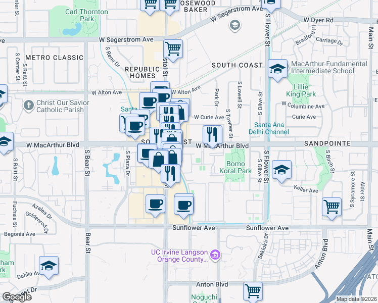map of restaurants, bars, coffee shops, grocery stores, and more near in Santa Ana