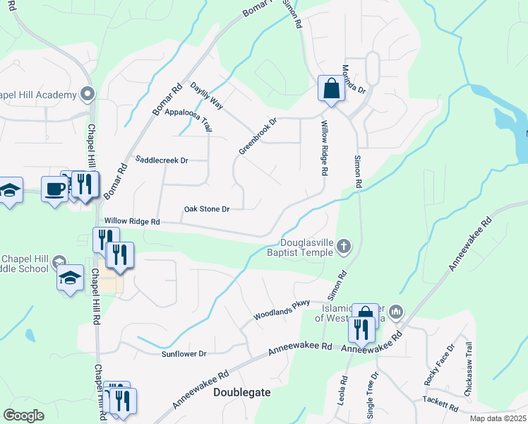 map of restaurants, bars, coffee shops, grocery stores, and more near 4030 Oak Stone Drive in Douglasville