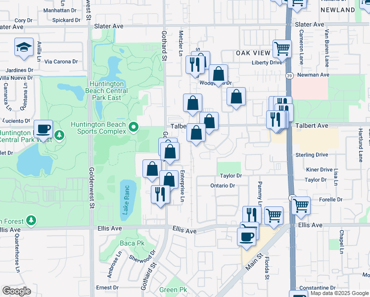 map of restaurants, bars, coffee shops, grocery stores, and more near 18101 Redondo Circle in Huntington Beach