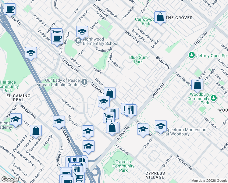 map of restaurants, bars, coffee shops, grocery stores, and more near 6 Crockett in Irvine