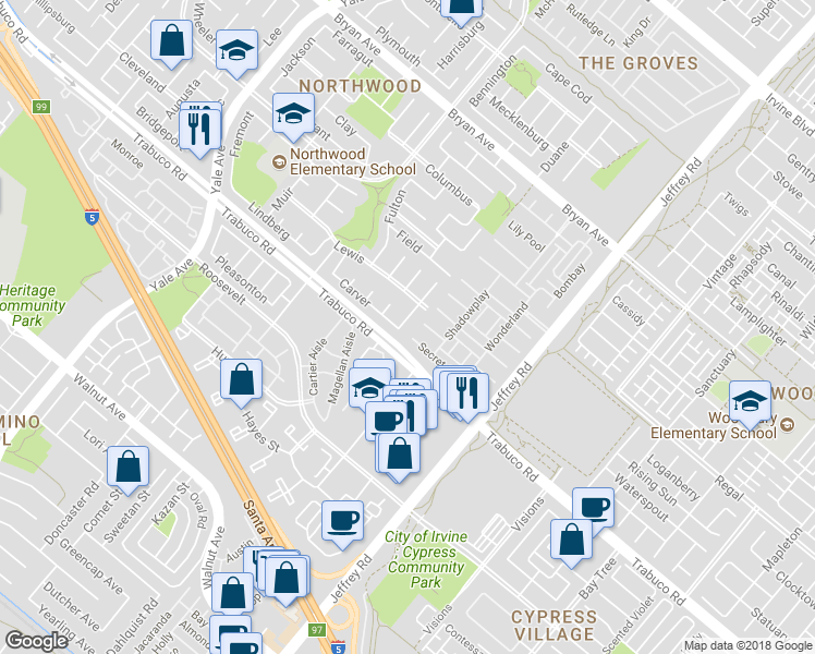 map of restaurants, bars, coffee shops, grocery stores, and more near 6 Crockett in Irvine