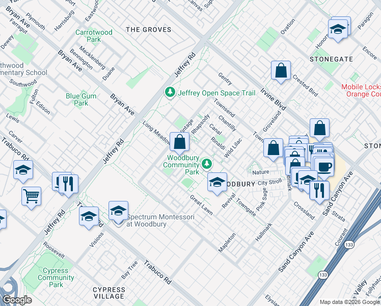 map of restaurants, bars, coffee shops, grocery stores, and more near 143 Sanctuary in Irvine