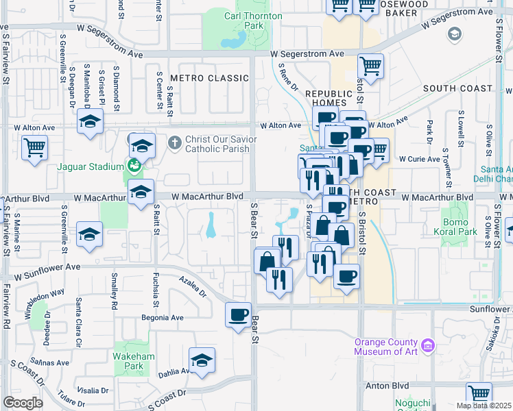 map of restaurants, bars, coffee shops, grocery stores, and more near 3640 South Bear Street in Santa Ana