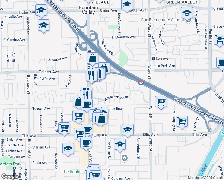 map of restaurants, bars, coffee shops, grocery stores, and more near 18192 Canyon Court in Fountain Valley