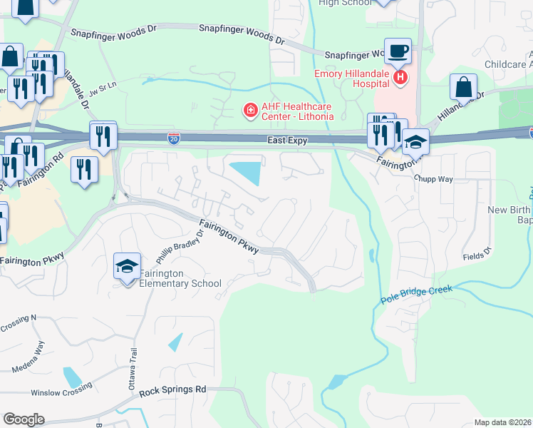 map of restaurants, bars, coffee shops, grocery stores, and more near 2754 Norfair Loop in Stonecrest