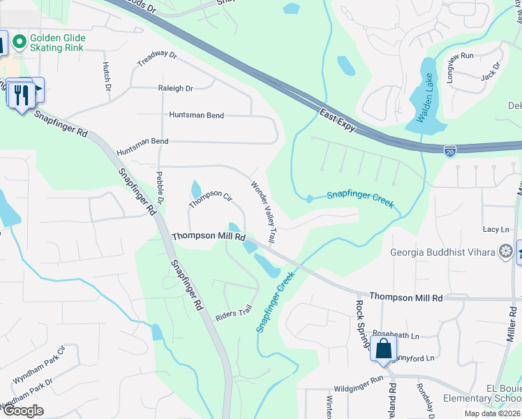 map of restaurants, bars, coffee shops, grocery stores, and more near 4679 Wonder Valley Trail in Decatur