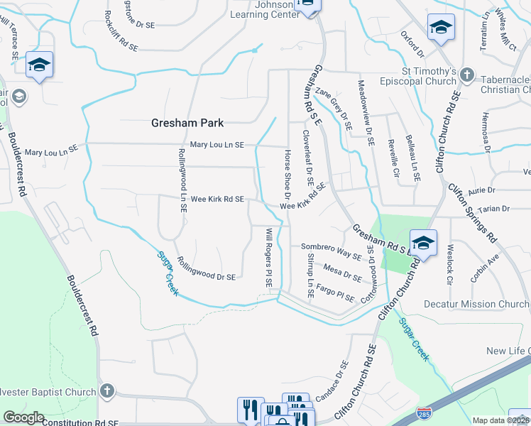 map of restaurants, bars, coffee shops, grocery stores, and more near 1929 Wee Kirk Road Southeast in Atlanta