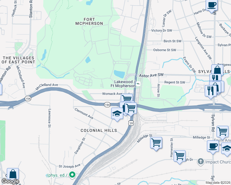 map of restaurants, bars, coffee shops, grocery stores, and more near 1319 Womack Avenue in East Point