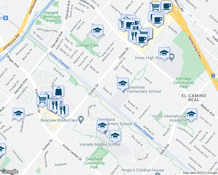 map of restaurants, bars, coffee shops, grocery stores, and more near 4092 Pleasant Street in Irvine