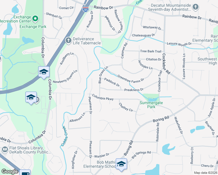 map of restaurants, bars, coffee shops, grocery stores, and more near 3603 Preakness Drive in Decatur