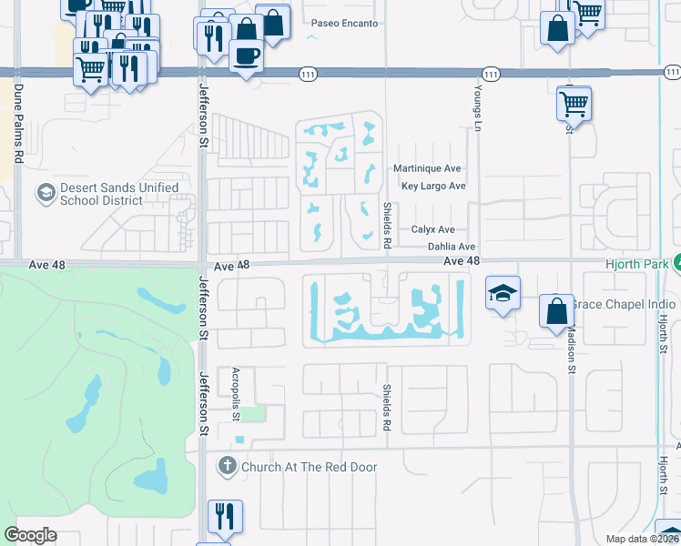 map of restaurants, bars, coffee shops, grocery stores, and more near 80501 Avenue 48 in Indio