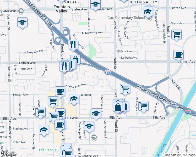 map of restaurants, bars, coffee shops, grocery stores, and more near 18185 Kings Canyon Street in Fountain Valley