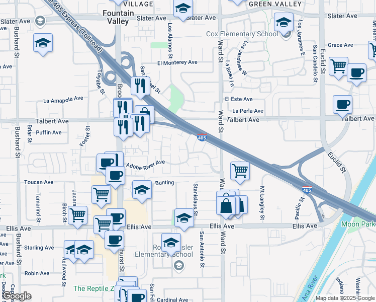 map of restaurants, bars, coffee shops, grocery stores, and more near 18185 Kings Canyon Street in Fountain Valley