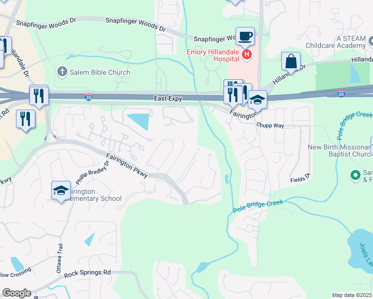 map of restaurants, bars, coffee shops, grocery stores, and more near 7302 Fairington Village Drive in Stonecrest