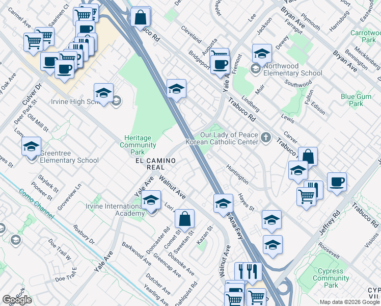 map of restaurants, bars, coffee shops, grocery stores, and more near in Irvine
