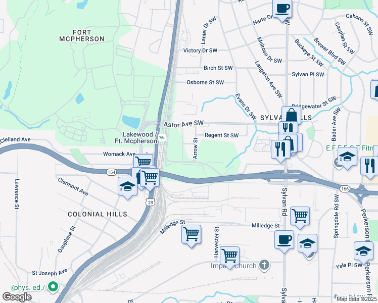 map of restaurants, bars, coffee shops, grocery stores, and more near 100 Arrow Street in Atlanta