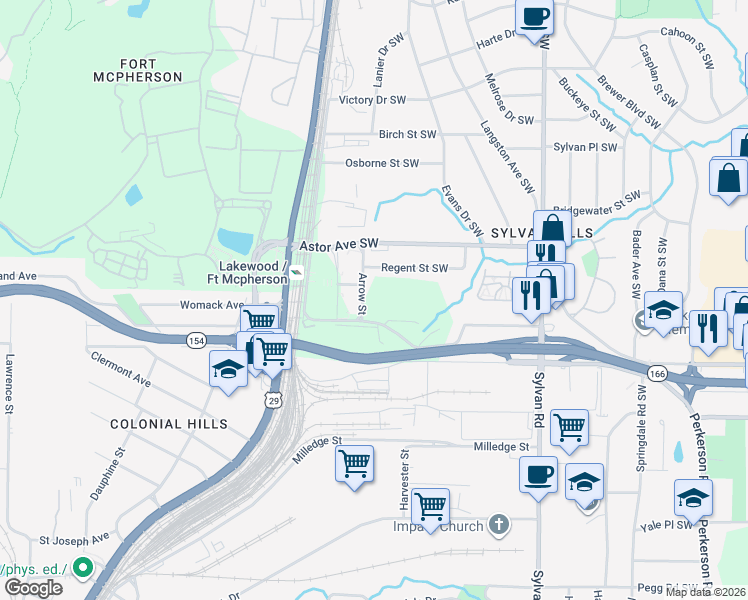 map of restaurants, bars, coffee shops, grocery stores, and more near 3359 Estes Drive Southwest in Atlanta