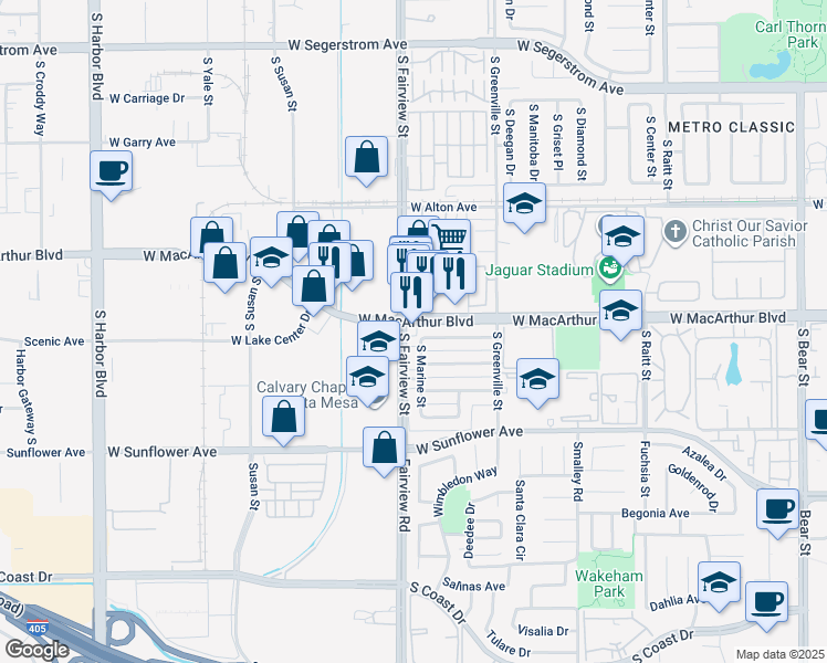 map of restaurants, bars, coffee shops, grocery stores, and more near 3602 South Marine Street in Santa Ana
