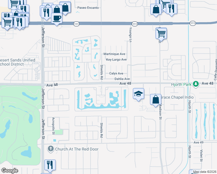 map of restaurants, bars, coffee shops, grocery stores, and more near 80501 Avenue 48 in Indio