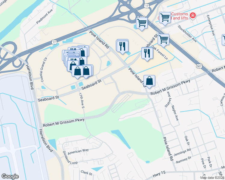 map of restaurants, bars, coffee shops, grocery stores, and more near 800 Robert M Grissom Parkway in Myrtle Beach