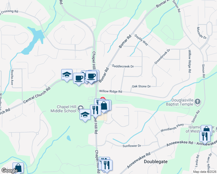 map of restaurants, bars, coffee shops, grocery stores, and more near 3883 Willow Hollow in Douglasville