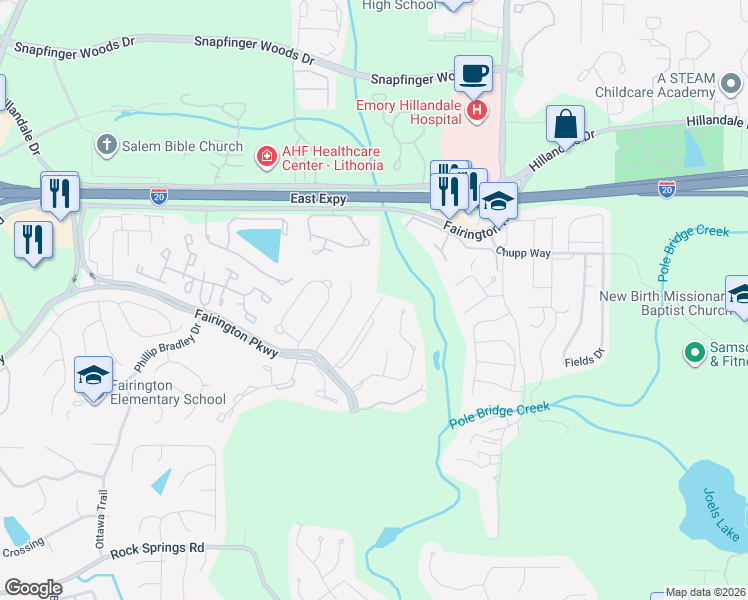 map of restaurants, bars, coffee shops, grocery stores, and more near 6101 Fairington Ridge Circle in Stonecrest