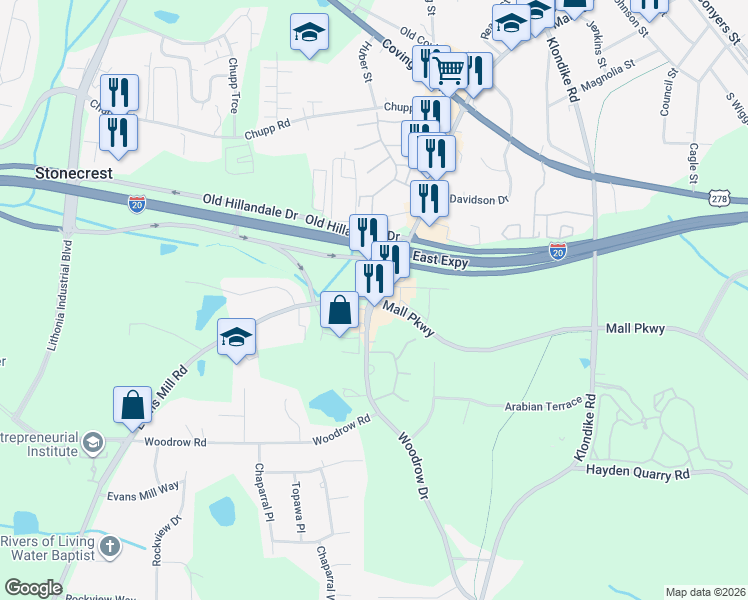 map of restaurants, bars, coffee shops, grocery stores, and more near Evans Mill Rd & Mall Pkwy in Lithonia