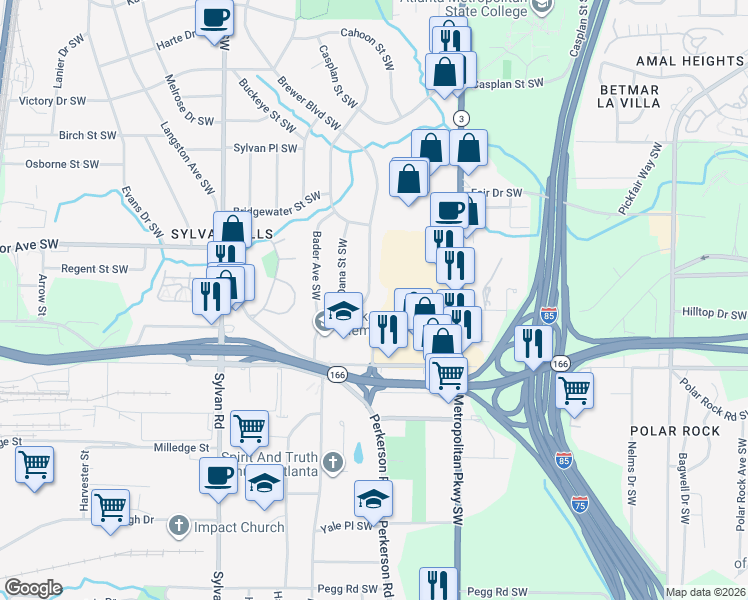 map of restaurants, bars, coffee shops, grocery stores, and more near 2006 Brewer Boulevard Southwest in Atlanta