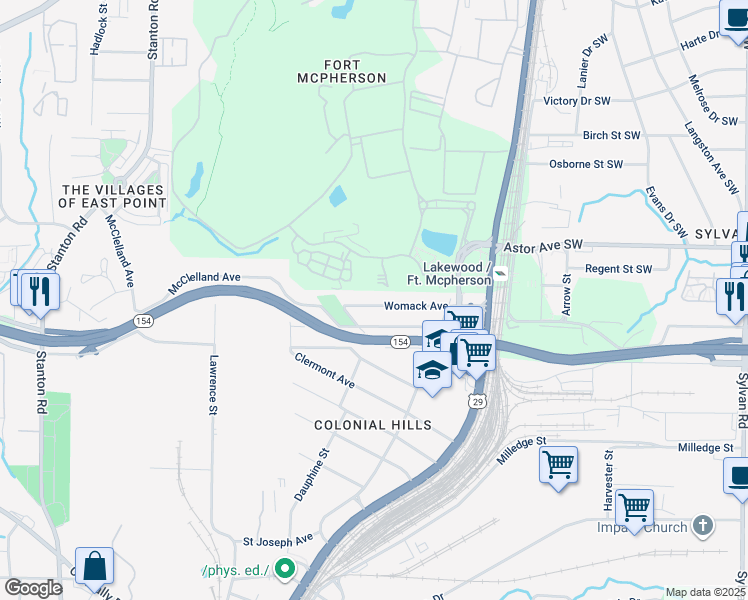 map of restaurants, bars, coffee shops, grocery stores, and more near 1385 Womack Avenue in East Point