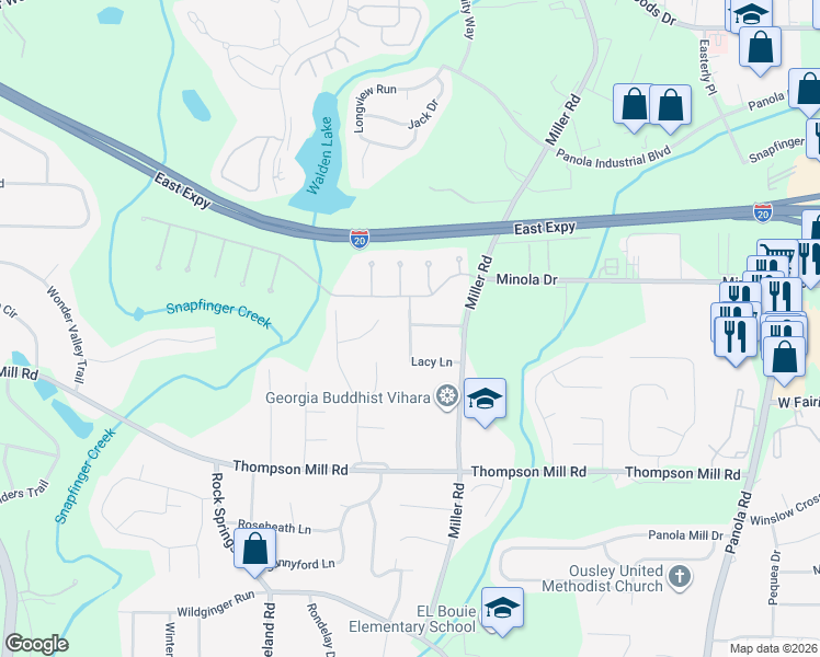 map of restaurants, bars, coffee shops, grocery stores, and more near Lacy Lane in Stonecrest