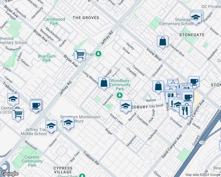 map of restaurants, bars, coffee shops, grocery stores, and more near in Irvine