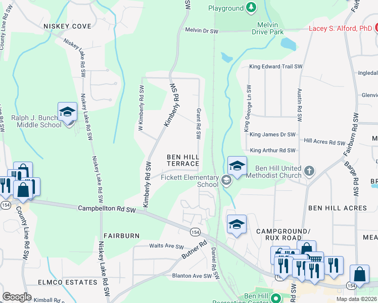 map of restaurants, bars, coffee shops, grocery stores, and more near 2039 Grant Road Southwest in Atlanta