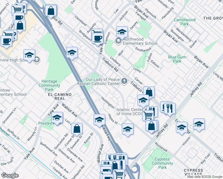 map of restaurants, bars, coffee shops, grocery stores, and more near 25 Remington in Irvine