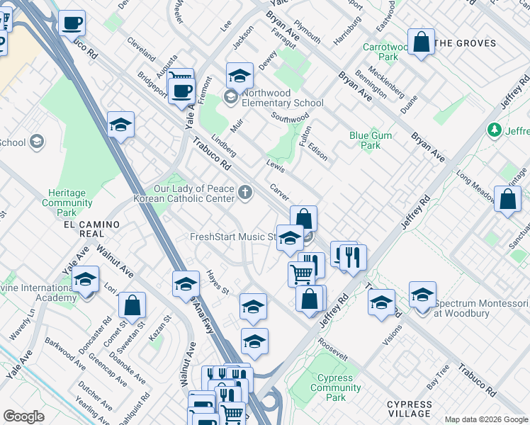 map of restaurants, bars, coffee shops, grocery stores, and more near 32 Cartier Aisle in Irvine