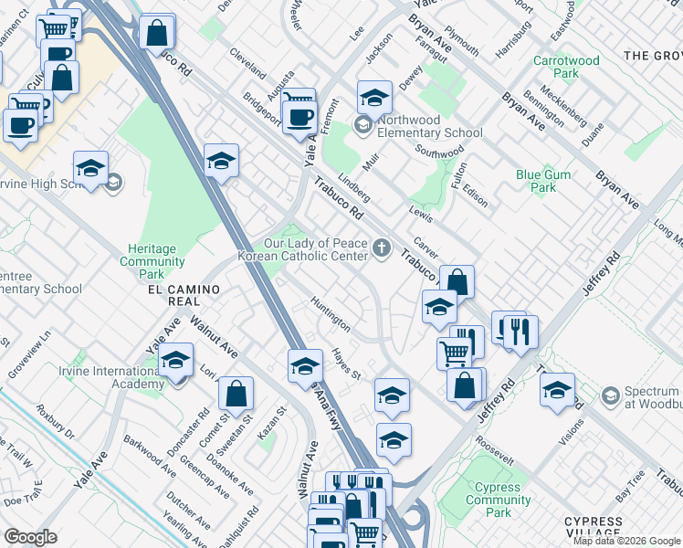 map of restaurants, bars, coffee shops, grocery stores, and more near 337 Huntington in Irvine