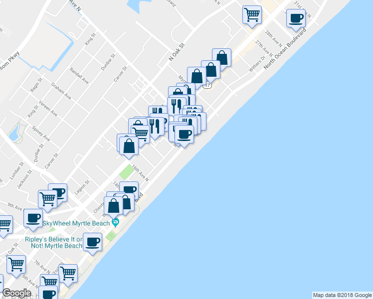 map of restaurants, bars, coffee shops, grocery stores, and more near 1900 North Ocean Boulevard in Myrtle Beach