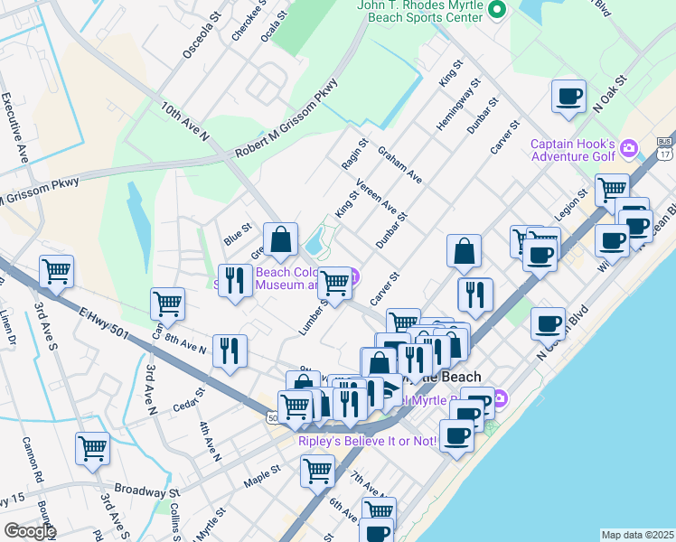 map of restaurants, bars, coffee shops, grocery stores, and more near 900 Dunbar Street in Myrtle Beach