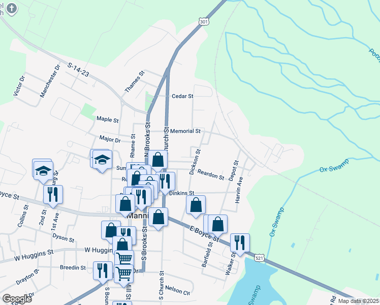 map of restaurants, bars, coffee shops, grocery stores, and more near 206 Dickson Street in Manning
