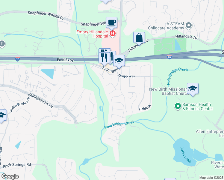 map of restaurants, bars, coffee shops, grocery stores, and more near 3088 Parc Lorraine in Stonecrest