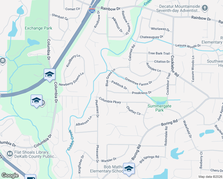 map of restaurants, bars, coffee shops, grocery stores, and more near 3603 Preakness Drive in Decatur